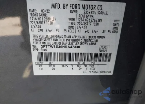 2022 Ford Maverick Xl z USA, uszkodzony, nr VIN 3FTTW8E36NRA47330